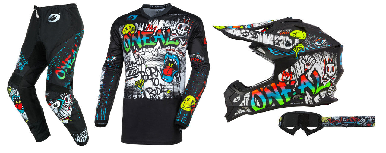 O'Neal 2024 Youth Element Rancid Jersey Pant Offroad Helmet with Goggle Combo Black/White